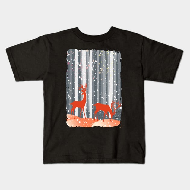 Enchanted forest, winter forest, forest with red deer Kids T-Shirt by Collagedream